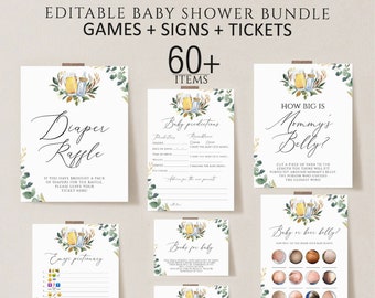 May include: Editable baby shower game and sign bundle with a rustic theme. The bundle includes games like "Diaper Raffle", "How Big is Mommy's Belly?", "Baby or Beer Belly?", "Emoji Pictionary", and "Books for Baby".