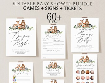 Woodland Baby Shower Games Bundle, Animals, Editable (Digital Download)