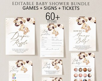 Pode incluir: Cartas de jogo de chá de bebê imprimíveis com um urso de pelúcia marrom e balões. Os cartões incluem jogos como "Quão grande está a barriga da mamãe?" e "Bebê ou barriga de cerveja?"