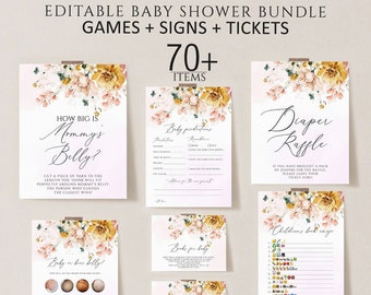 May include: Printable baby shower game bundle with floral designs. The games include "How Big is Mommy's Belly?", "Baby in her belly", "Baby Predictions", "Books for Baby", "Diaper Raffle", "Children's Book Guess".