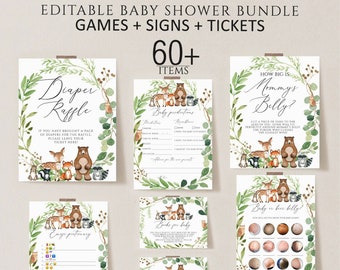 Baby Shower Games Bundle, Printable Baby Shower Game Pack, Woodland Animals Editable Games, Forest Animals Baby Shower Package, Shower sign