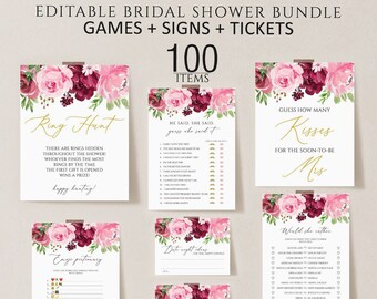 Floral Bridal Shower Games, Editable Pink Wedding Shower (Digital Download)