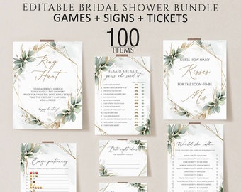 Greenery Bridal Shower Games, 100+ Editable Signs & Tickets (Digital Download)