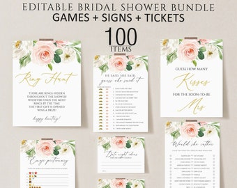 Floral Bridal Shower Games, Printable Bridal Shower Games, Pink Floral Wedding Shower Games, Editable Bridal Party Games, Bride or Groom set