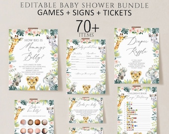 Greenery Safari Baby Shower Game Bundle, Editable Jungle Theme