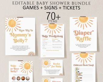 Editable Sun Baby Shower Games Bundle, Here comes the sun baby shower games template, Boho Sunshine Baby Shower Games, Printable Download