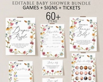 Wildflower Baby Shower Games Bundle, Boho Baby shower Games printable, Wildflower baby shower signs, Floral baby shower games download