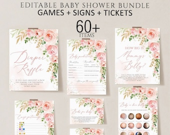 Editable baby shower games bundle, Blush Pink Floral Baby Shower Games, Floral baby shower games printable, Girl baby shower games download