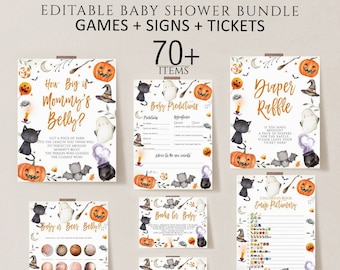 May include: A collection of Halloween-themed baby shower games and signs. The designs feature pumpkins, bats, black cats, and ghosts. The bundle includes games like "How Big is Mommy's Belly?" and "Diaper Raffle."