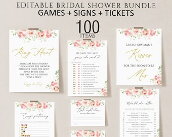Floral Bridal Shower Games, Pink Wedding Shower, Editable Bundle (Digital)