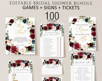 Burgundy Floral Bridal Shower Games, Printable Bridal Shower Games, Marsala floral Wedding Shower Games, Editable Bridal Party Games