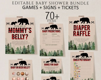 Lumberjack Baby Shower Games Bundle, Buffalo Plaid, Editable Printables