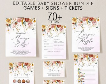 May include: Printable baby shower game bundle with floral designs. The games include "How Big Is Mommy's Belly?", "Baby or Beer Belly?", "Baby Predictions", "Diaper Raffle", "Books for Baby", and "Children's Book Emoji Guessing Game".