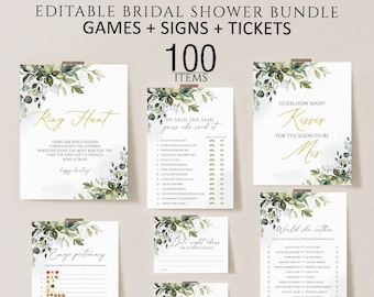 Editable Bridal Shower Games Bundle, Greenery Design (Printable Download)