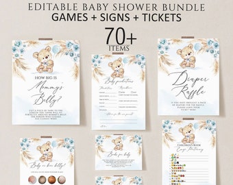 Puede incluir: Paquete de juegos y carteles imprimibles para una fiesta de bienvenida al bebé con una linda ilustración de un osito de peluche con detalles azules y dorados. El paquete incluye juegos como "¿Qué tan grande está la barriga de mamá?" y "¿Bebé en su barriga?" así como carteles para una rifa de pañales y un libro para el bebé.