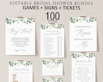 Greenery Bridal Shower Games Bundle, 100 Editable Items (Digital Download)