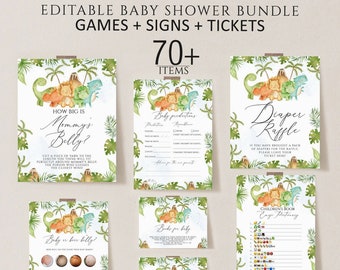 Dinosaur Baby Shower Games Bundle, Greenery Dino Theme (Printable)