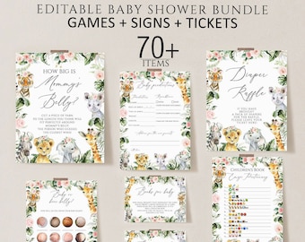 Safari Baby Shower Games Bundle, Jungle Animals (Editable Instant Download)