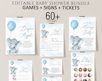 Elephant Baby Shower Games Bundle, Blue Elephant, Instant Download, Baby Shower Boy Games Package, Printable Games, Editable balloon shower