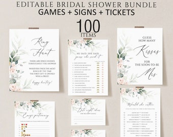 Pink Floral Bridal Shower Games, Signs, Tickets (Editable)