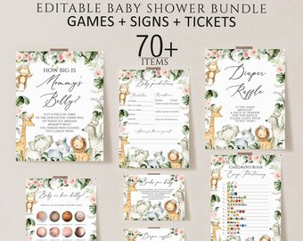 Safari Baby Shower Games Bundle, Jungle Animals, 70+ Editable Designs (Instant Download)