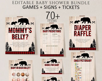 Könnte beinhalten: Druckbare Babyparty-Spiel- und Schild-Paket mit Wald-Thema. Die Schilder zeigen ein rot-schwarzes Buffalo-Karomuster mit schwarzen Bären-Illustrationen. Die Spiele beinhalten "Wie groß ist Mamas Bauch?", "Baby oder Bierbauch?", "Baby-Vorhersagen", "Windel-Tombola", "Bücher für Baby" und "Emoji-Pictionary".