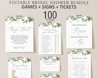 Greenery Bridal Shower Games, 100+ Editable Signs (Digital Download)