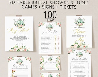 Tea Party Bridal Shower Game Bundle, Pink Floral, Editable (Digital Download)