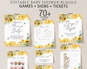 Honey Bee Baby Shower Game Bundle, Sunflower Theme (Editable Template)