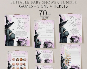 May include: A baby shower bundle with games, signs, and tickets. The design features a pregnant witch with a cauldron, bats, and spiderwebs. The text includes "How Big is Mommy's Belly?" and "Diaper Raffle."