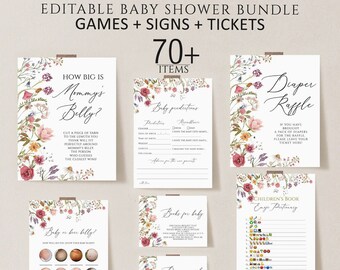 May include: Printable baby shower game bundle with floral designs. The bundle includes games like "How Big is Mommy's Belly?", "Baby Predictions", "Baby or Beer Belly?", "Books for Baby", "Diaper Raffle", and "Children's Book Emoji Pictionary".