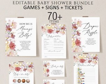 May include: Printable baby shower game and sign bundle with floral designs. The bundle includes games like "How Big is Mommy's Belly?", "Baby Predictions", "Books for Baby", "Diaper Raffle", and "Children's Book Emoji Guessing Game".