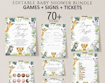 Safari Baby Shower Game Bundle, Jungle Animals, Editable (Digital Download)