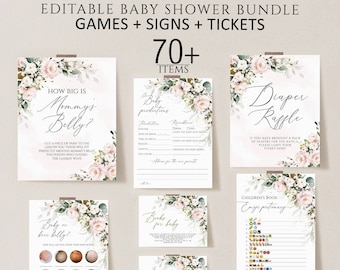 May include: Printable baby shower game and sign bundle with floral designs. The games include "How Big Is Mommy's Belly?", "Baby or Beer Belly?", "Books for Baby", "Diaper Raffle", and "Children's Book Emoji Pictionary".