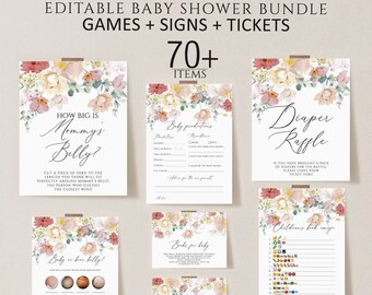 May include: Printable baby shower game bundle with floral designs. The games include "How Big Is Mommy's Belly?", "Baby or Beer Belly?", "Baby Predictions", "Diaper Raffle", "Books for Baby", and "Children's Book Bingo".