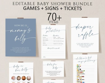 Boho Boy Baby Shower Games Bundle, Blue Minimalist Design (Editable Template Download)