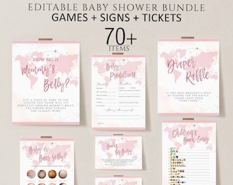 Travel Baby Shower Games Bundle, World Map, Girl (Editable Printable)