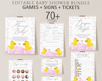 Rubber Duck Baby Shower Games Bundle, Editable Pink Printable (Digital Download)