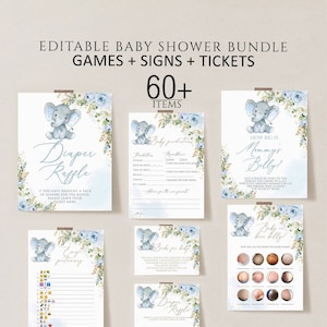 Editable Baby Shower Games Bundle, Blue Elephant, Instant Download, Baby Shower Boy Games Package, Printable Games, Emoji Game, blue floral