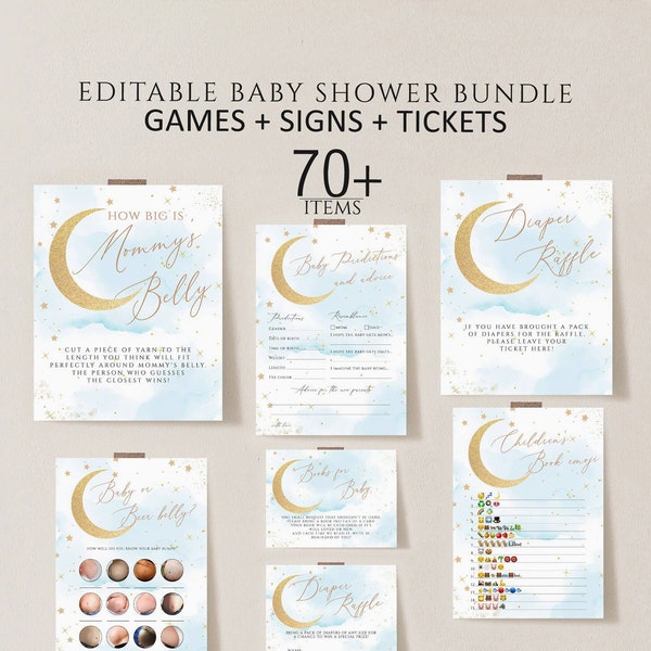 Over the Moon Baby Shower Games, Printable,Blue Moon and Stars Baby Shower Game Bundle, Twinkle Twinkle Little Star Baby Shower Games Bundle