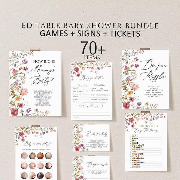 Wildflower Baby Shower Games Bundle, Boho Baby shower Games printable, Wildflower baby shower signs, Floral baby shower games download