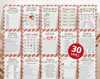 May include: A collection of 30 Christmas party games, including word scrambles, trivia, and scavenger hunts. Each game card has a red and white striped border and festive graphics. The title "Christmas Party Games" is at the top.