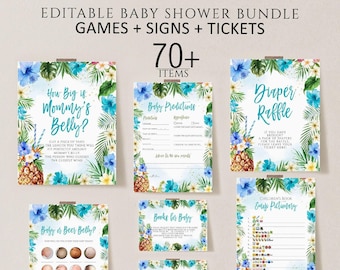 Hawaiian Pineapple Baby Shower Games Bundle, Luau Theme (Editable)