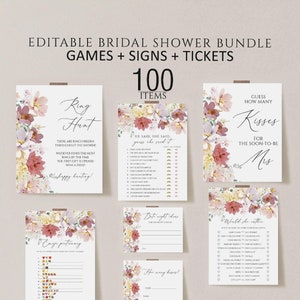 Bridal Shower Games Bundle, Printable Bridal Shower Games, Boho Wedding Shower Games,Editable Bridal Party Games,Spring Floral Bridal shower