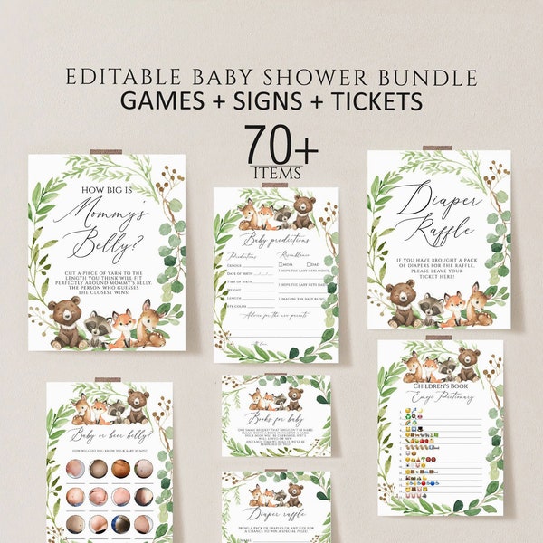 Woodland Baby Shower Games Bundle Woodland Animals Baby Shower Games Greenery Forest Baby Shower Game Printable Instant Download printable