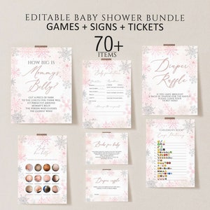 Winter Baby Shower Game Bundle, Girl Snowflake Baby Game Bundle, Baby Shower Signs, Editable Baby Shower Game, Instant Download printable