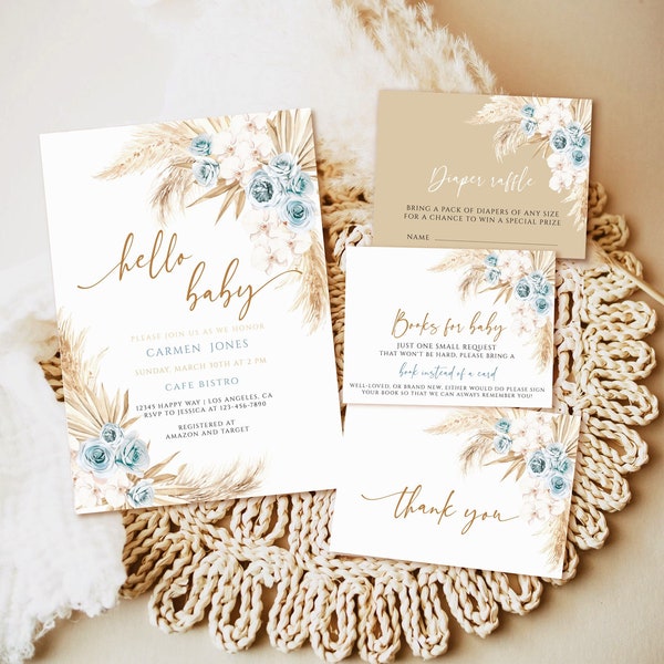 Editable Pampas Grass Baby Shower Invitation, Bohemian Baby Shower Invitation, Blue floral pampas grass Boho Shower Instant Download