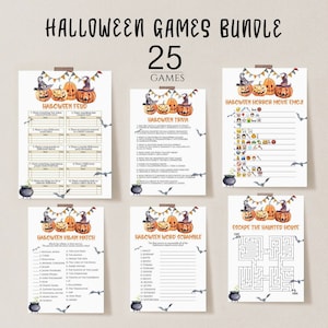 May include: A Halloween Games Bundle with 25 games, including trivia, word scrambles, and a maze. The design features watercolor pumpkins, witch hats, bats, and cauldrons. The text includes "Halloween Feud," "Halloween Trivia," and "Escape the Haunted House."