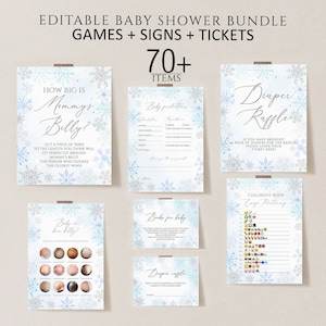 Snowflake Baby Shower Games Bundle, Winter Baby Shower Activities, A Little Snowflake Game, Blue Snowflake Baby Printable games Template