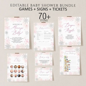 Snowflake Baby Shower Games Bundle, Winter Baby Shower Activities, A Little Snowflake Shower Game, Pink Snowflake Baby Printable Template